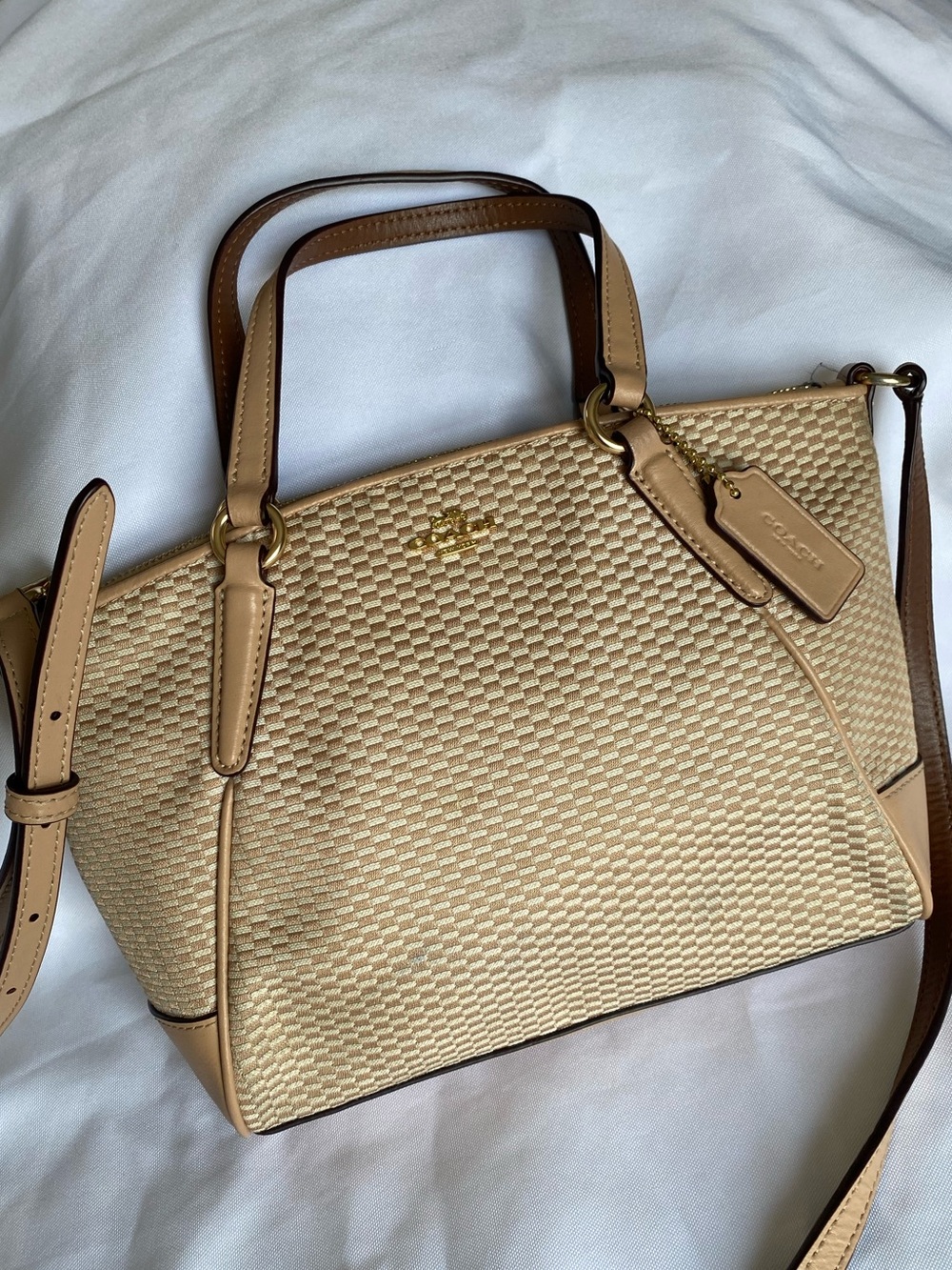 Coach Beige Woven Leather Satchel with Tan Trim and Gold Hardware